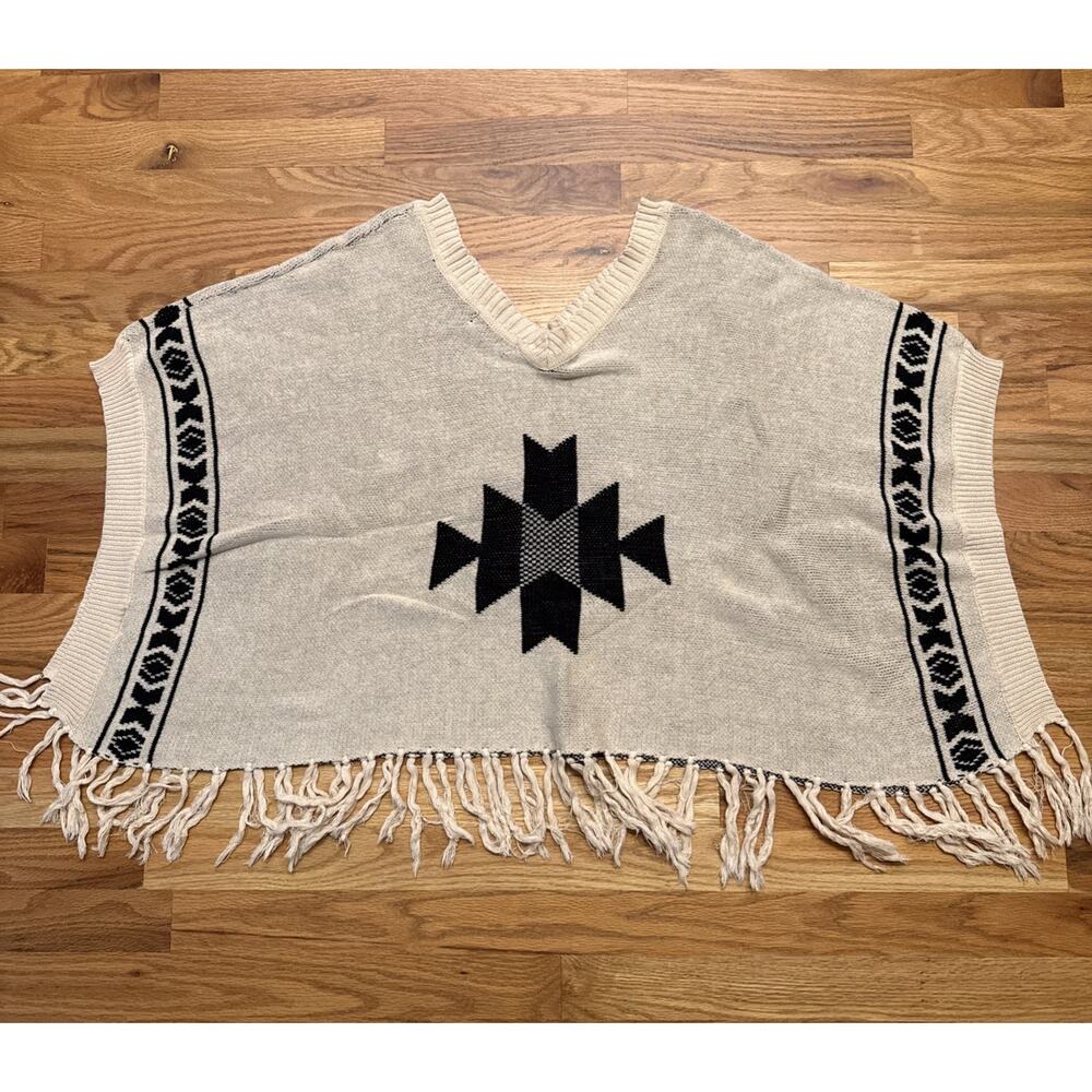 Fate Women's Large Beige with Black Aztec Design Fringed Poncho 100% Cotton